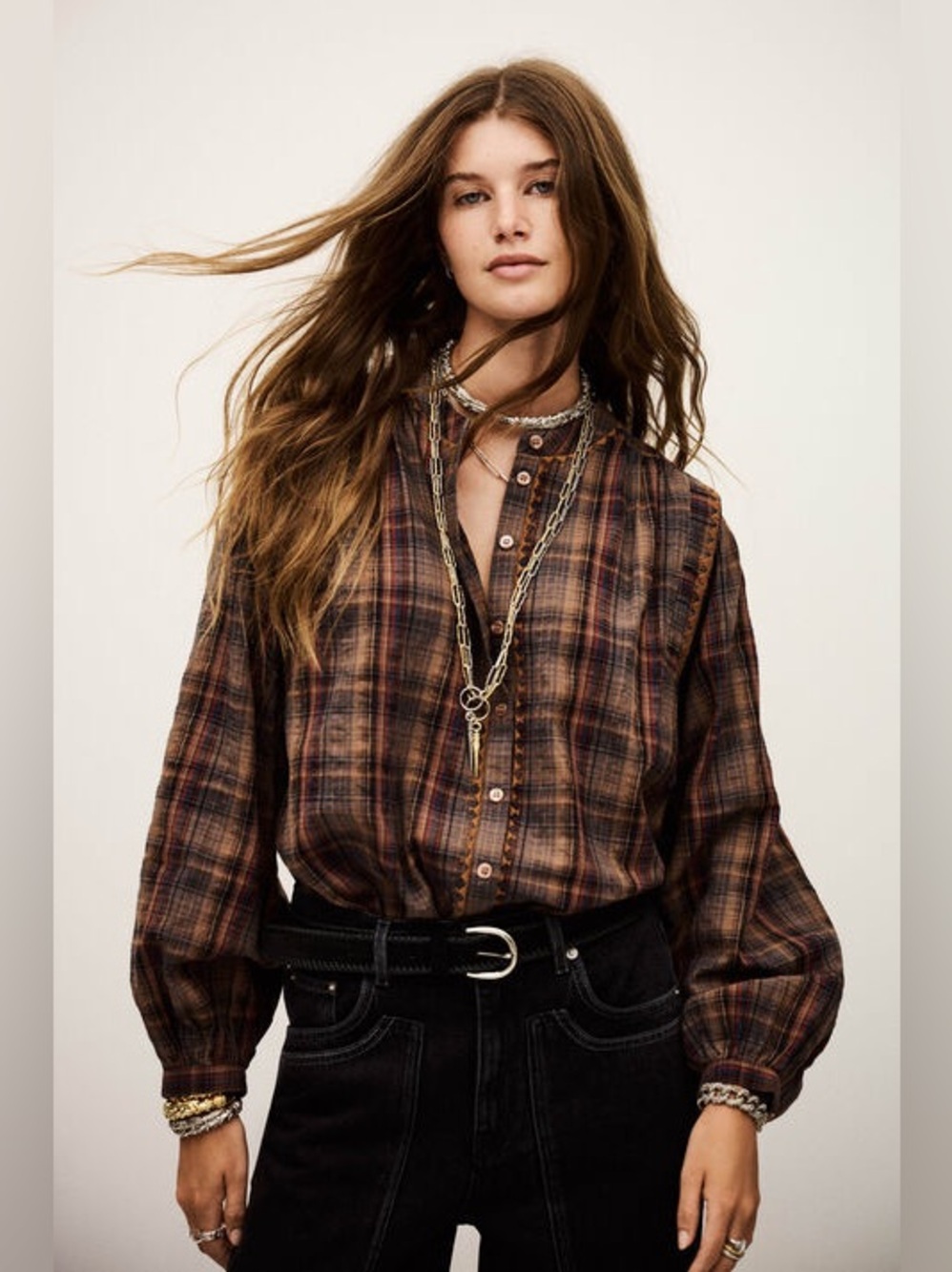 Ba&sh Shea Embroidered Checked Shirt Brown Cotton-Linen Sz 3 (L) Fall Autumn